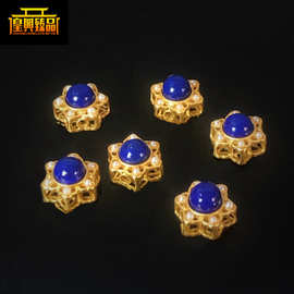 S925纯银镀24K古法金镶嵌青金石珍珠老金隔珠背云配件diy手串配饰