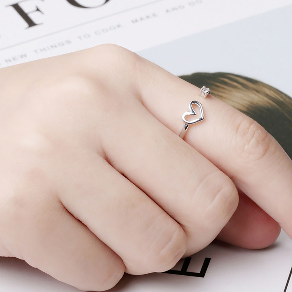 日韓镂空心形開口戒指女甜美閃鑽愛心戒指女潮送女友情人節禮物