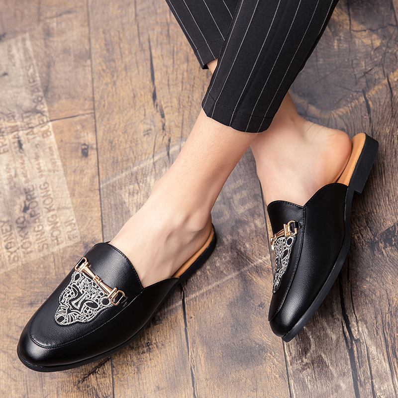 2021 Spring/Summer New Loafers Shiny Leather Half Slippers Trendy Breathable Casual Men's Shoes Fashion Embroidery_vogvips.com