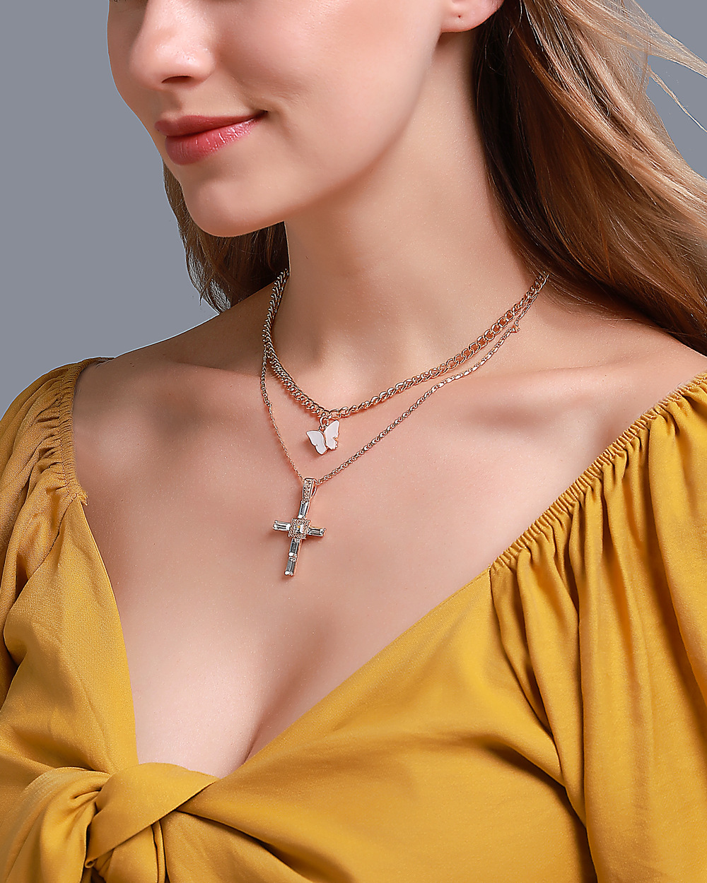 New Long Necklace Creative Small Butterfly Cross Letter Pendant Multi-layer Sweater Chain Wholesale Nihaojewelry display picture 2
