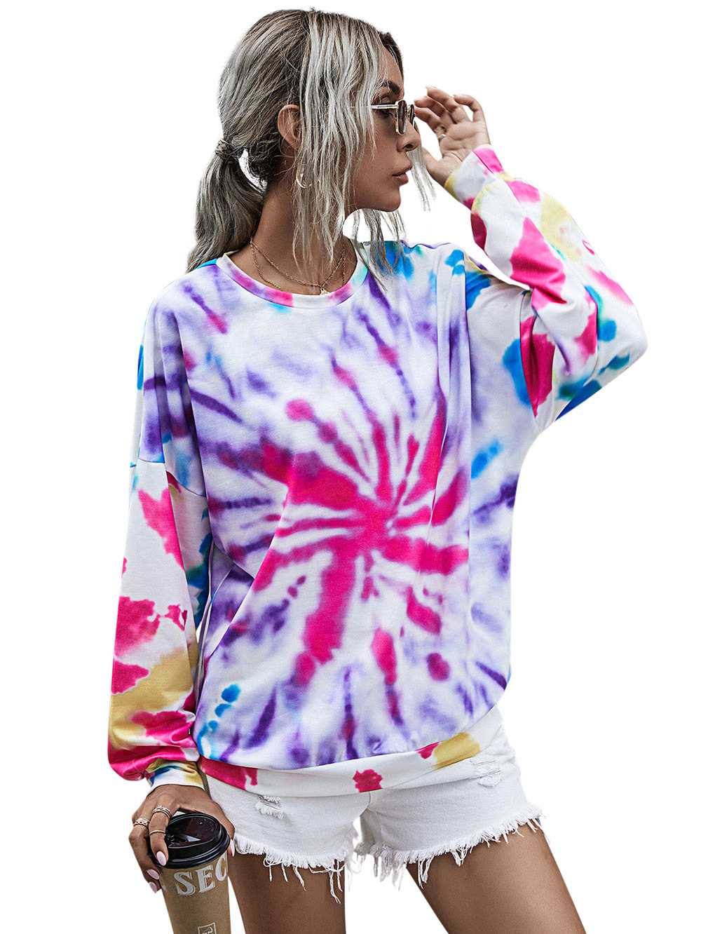 new fall/winter women s digital printing round neck knitted long-sleeved tie-dye sweater  NSDF911