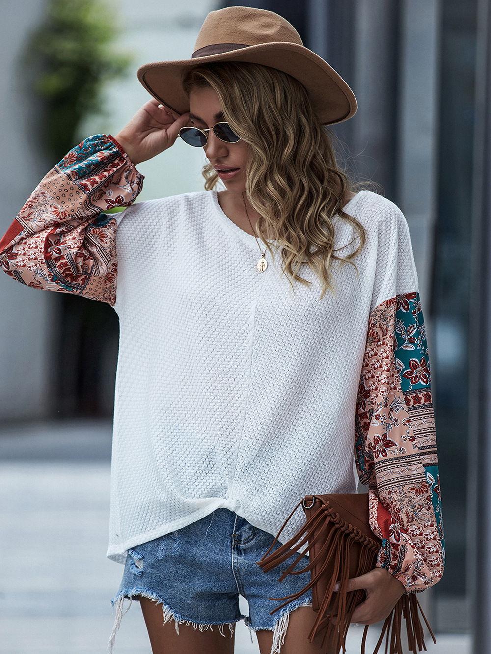  printed stitching long-sleeved bohemian casual T-shirt top NSDF2602