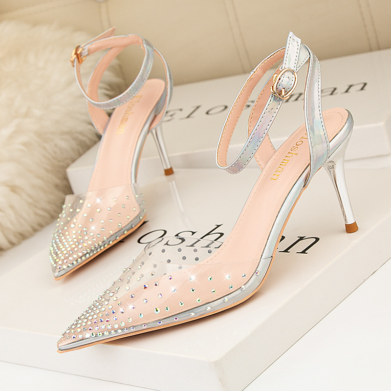 899-35 European and American wind light contracted pointed mouth high-heeled shoes transparent diamond one word with fine with hollow out sandals for women's shoes