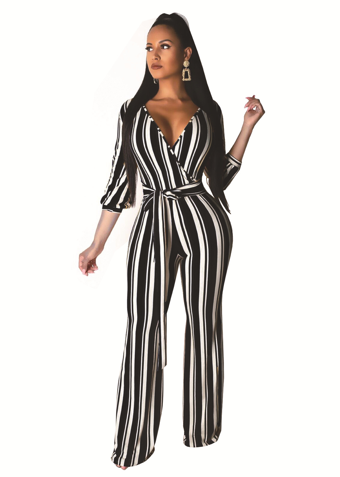 Striped Printed Wide-Leg Long Sleeve Jumpsuit NSMRF116733