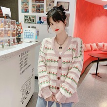 實拍韓國代購氣質花邊迷人條紋小花朵時尚秋季毛針織開衫上衣女