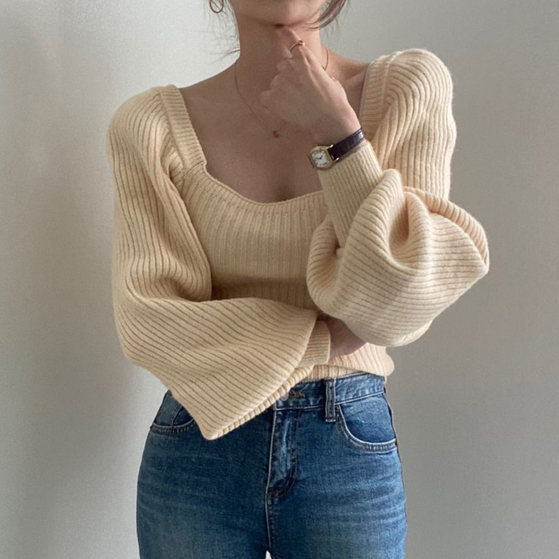 Solid Color Long Sleeve U Neck Knitted Sweater NSSSN75231