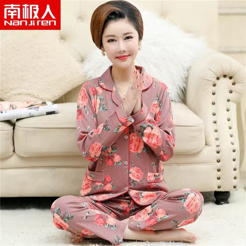 Primavera y otoño de mediana edad y ancianos pijamas de las mujeres de manga larga 100% algodón mamá cardigan Botón de mediana edad traje de desgaste para el hogar