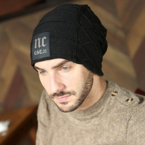 新款男士帽子冬季运动户外韩版套头毛线NC字母加绒加厚保暖针织帽