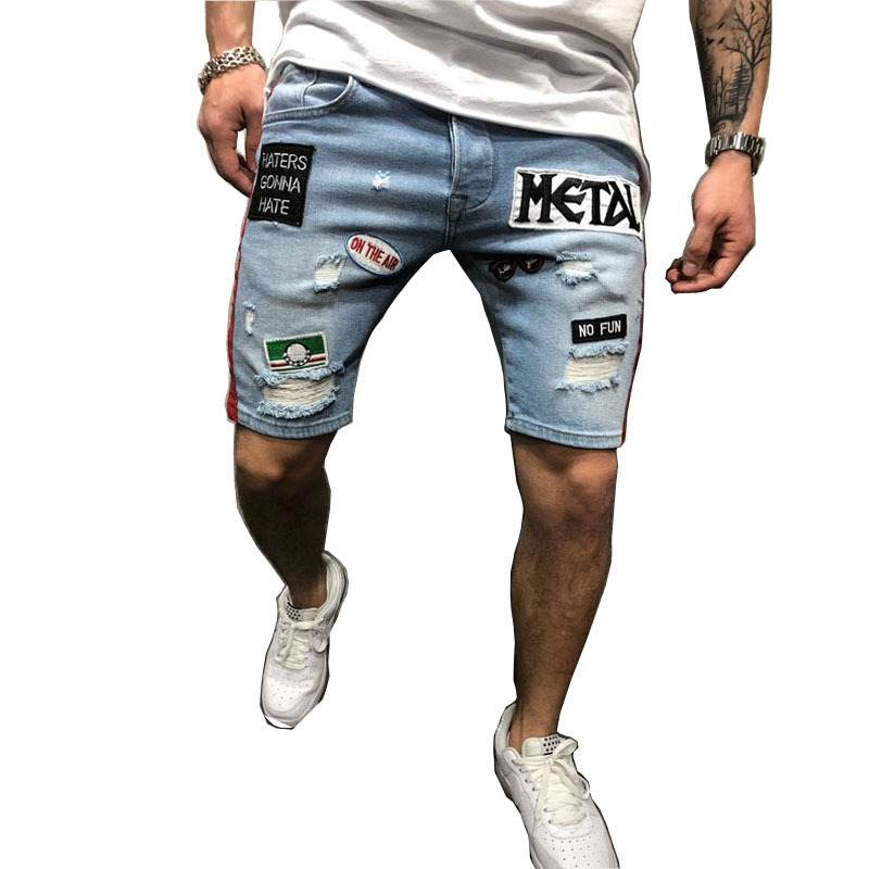 Foreign trade summer explosion men's fashion denim hole embroidered label shorts Europe and the United States loose straight jeans 7