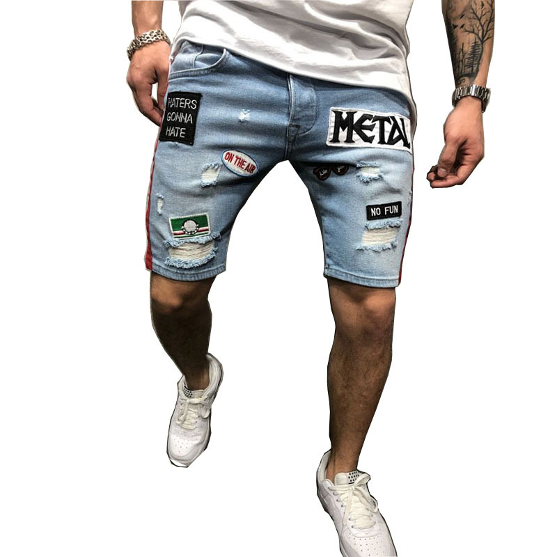 Foreign trade summer explosion men's fashion denim hole embroidered label shorts Europe and the United States loose straight jeans 14 Foreign trade summer explosion men's fashion denim hole embroidered label shorts Europe and the United States loose straight jeans 7