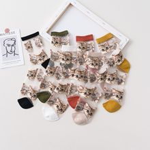 夏季超薄卡絲女襪子日系韓版貓咪玻璃絲女中筒短襪水晶絲堆堆襪子