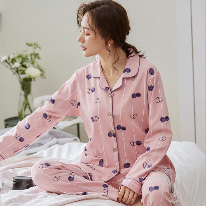 Pijamas de manga larga de estilo coreano para mujer 100% algodón primavera y otoño de dos piezas Cardigan dulce traje de otoño e invierno para mujer