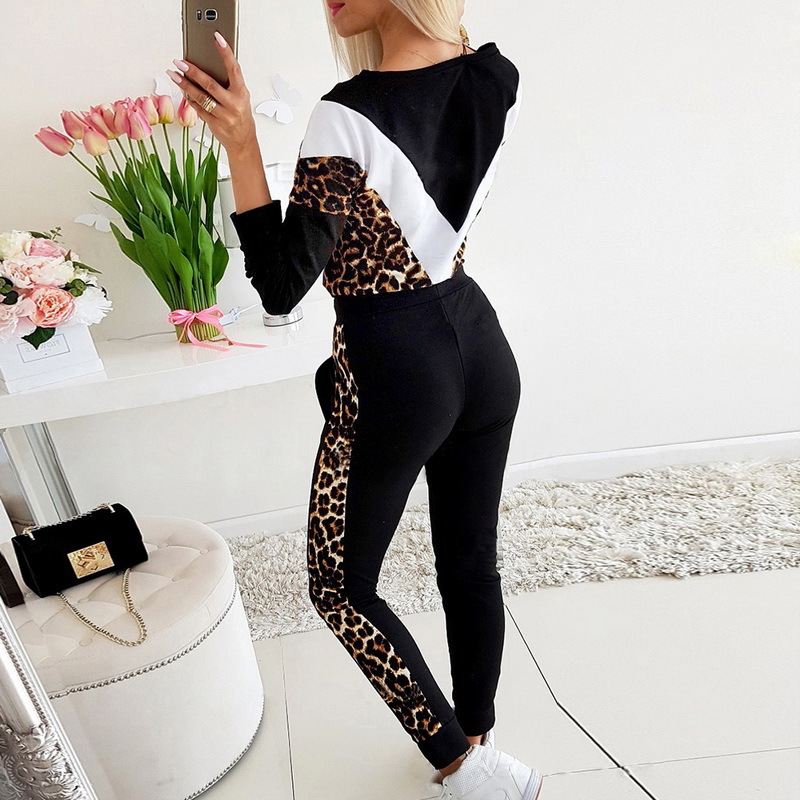 autumn new round neck V-shaped leopard print color matching sweater suit NSYF864