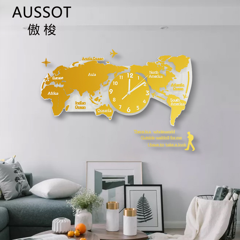 Nórdico moderno minimalista creativo mapa del mundo Reloj de pared salón luminoso reloj decorativo acrílico 3D Reloj de pared
