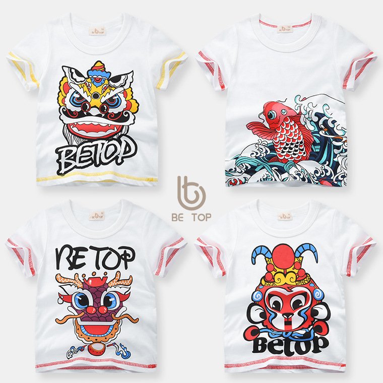 La fábrica directa sea la ropa superior de los niños 2024 ropa de los niños del verano del estilo chino Camiseta de manga corta del Algodón puro grifo del León