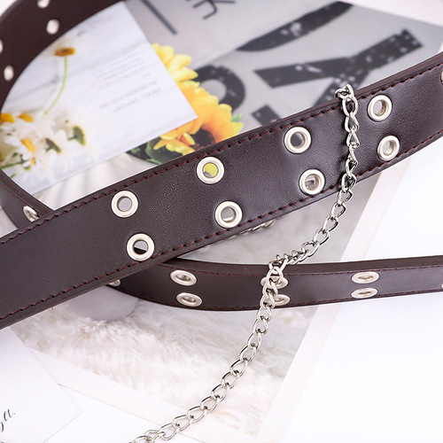 New punk style double exhaust eye PU belt women's Korean style jeans fashion chain decoration wide belt for women