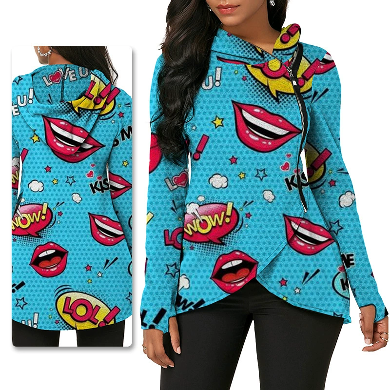 G8058 Amazon Independent Station Осенняя Новая Женская толстовка с капюшоном на молнии Губы Нерегулярная футболка