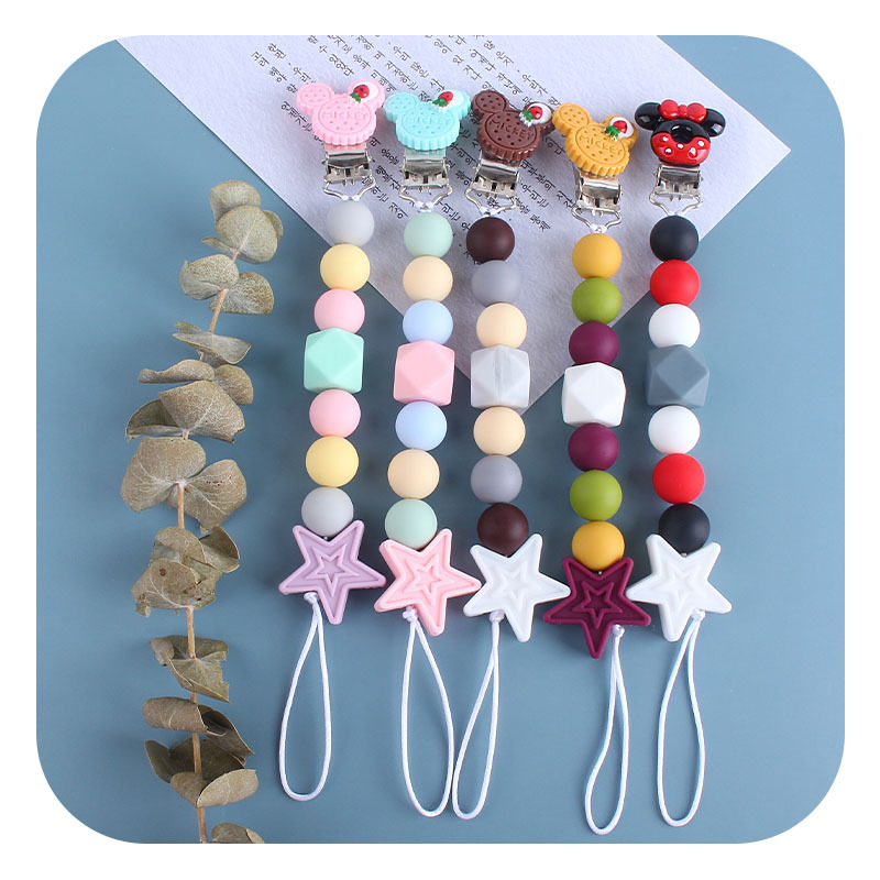 Bebé suministros nuevo Mickey chupete clip bebé mordedor silicona estrella de cinco puntas chupete cadena mordedor palo anti-gota cadena