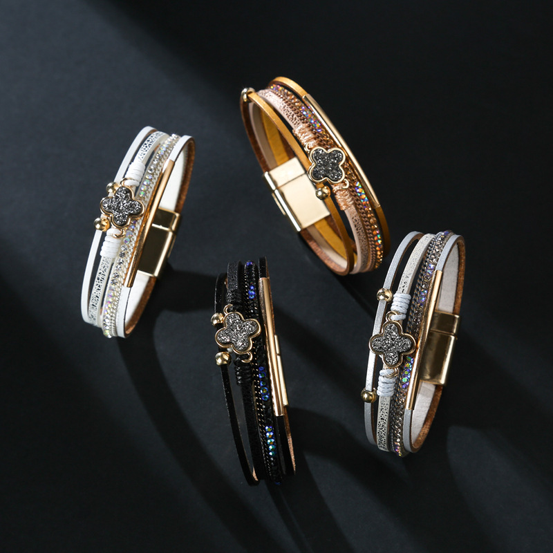 1 Piece Retro Four Leaf Clover Pu Leather Alloy Handmade Rhinestones Womenu0027S Bangle