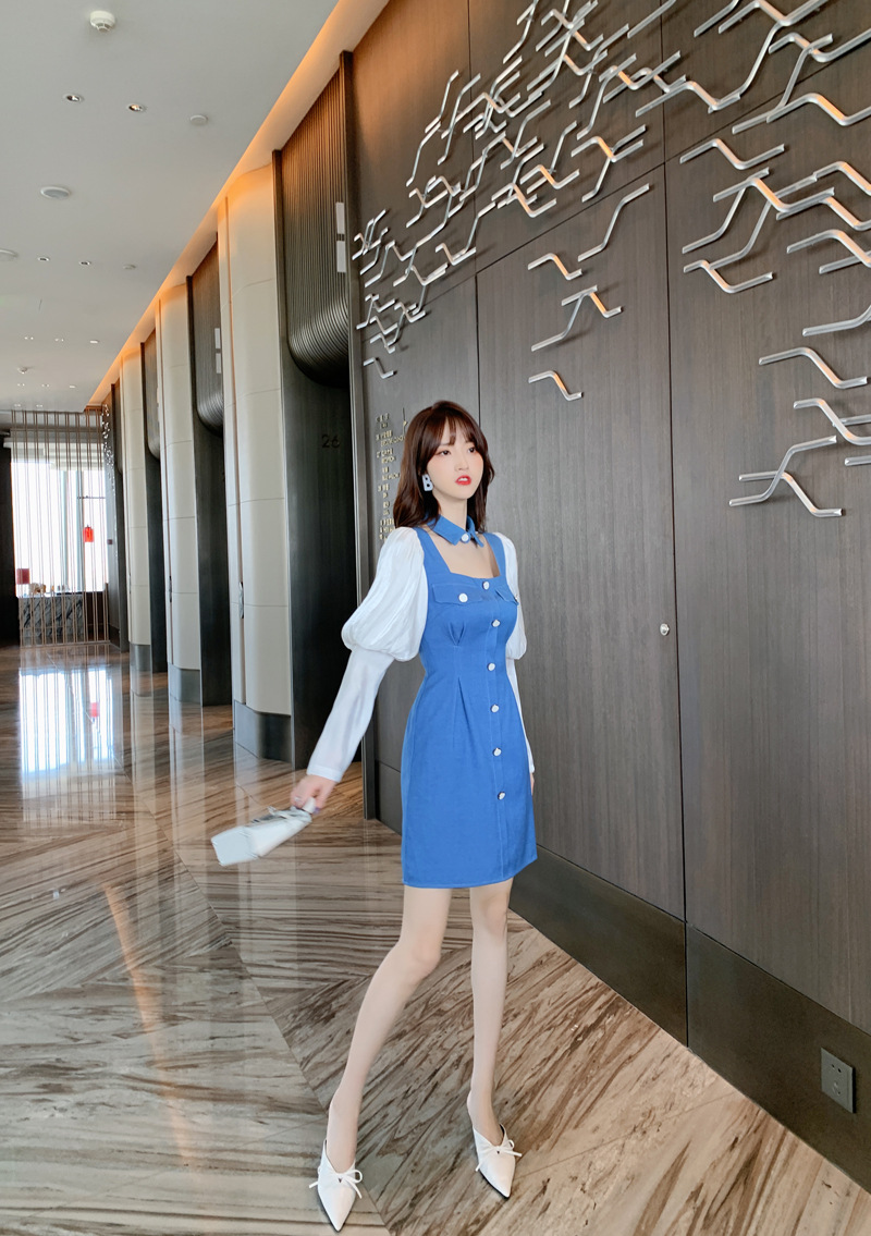 Đầm cổ búp bê tay phồng dáng suông — Màu xanh lam chi tiết 6