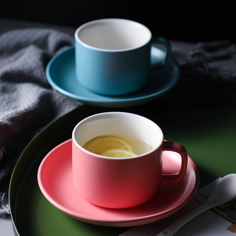 简约纯色北欧陶瓷杯碟下午茶马卡龙色哑光咖啡杯碟200ml定制logo