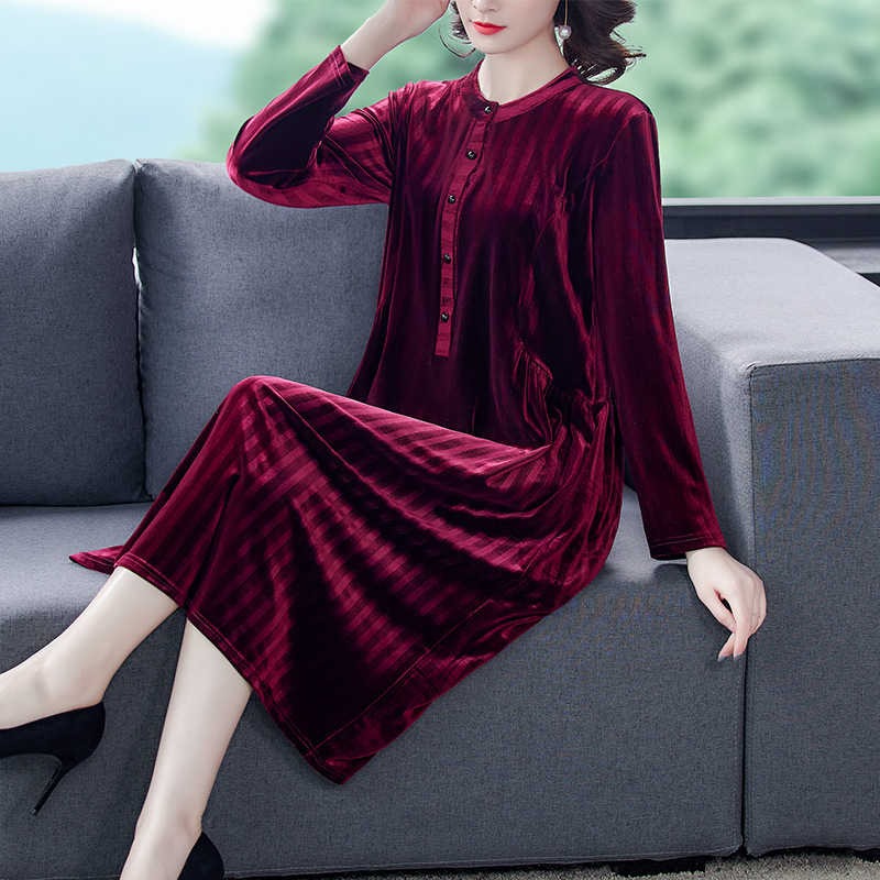 4820春款大码女装蚕丝绒连衣裙女妈妈秋装薄长袖中年收腰显瘦裙子