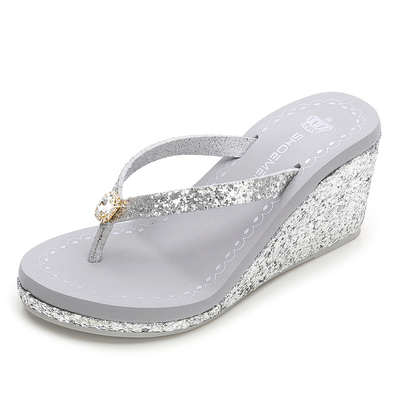 Women's Casual Solid Color Sequins Rhinestone T-Strap Flip Flops display picture 2