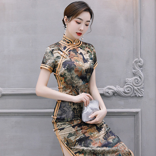 Chinese Dress cheongsam for womenRetro cheongsam double long cheongsam dress