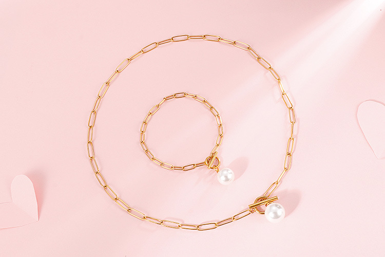 new stainless steel square chain pearl necklace bracelet set wholesale Nihaojewelry