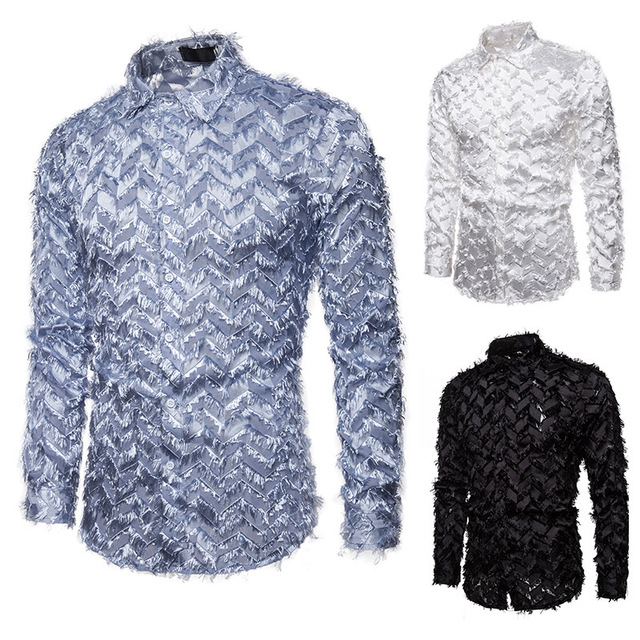 Men’s Handmade three-dimensional feather fabric featured Henry Neck Long Sleeve Shirt