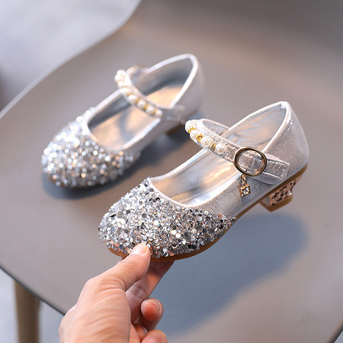 Girls leather shoes high heels little girl  performance crystal single shoes dress model catwalk performance princess children's shoes