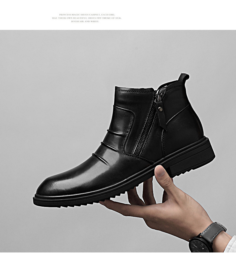 Mittelhohe Lederschuhe, lässige kurze Stiefel, Lederstiefel mit seitlichem Reißverschluss, warme Schneestiefel_voghion.com