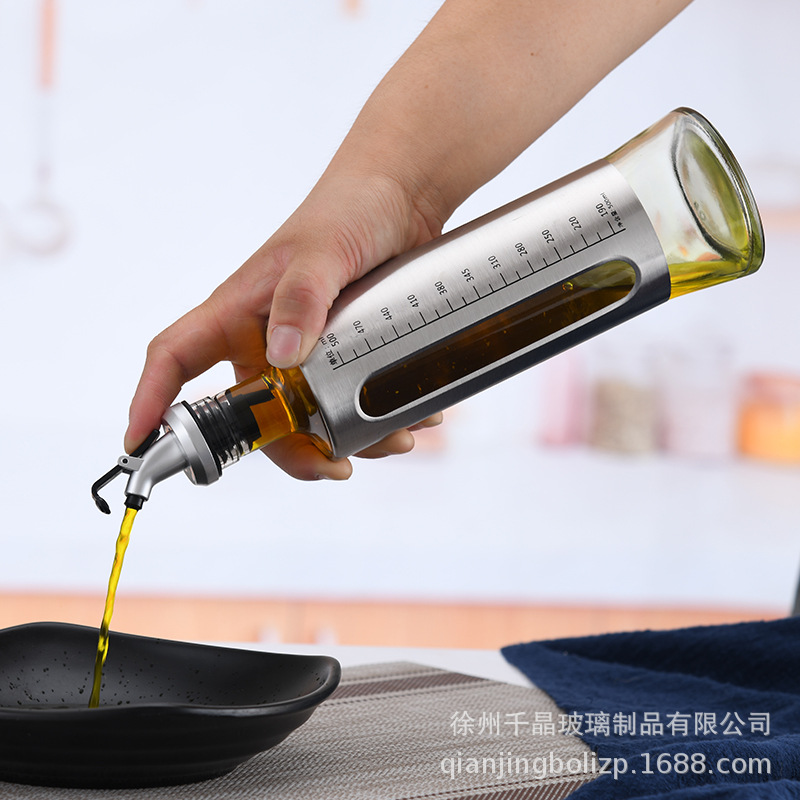 Botella de aceite de acero inoxidable controlable con escala aceite olla salsa vinagre cocina vino líquido condimento botella de vidrio logotipo impreso