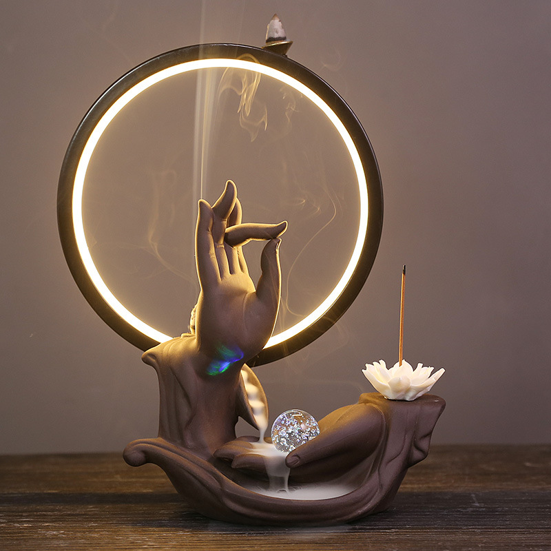 紫砂带灯倒流香炉禅意佛手檀香炉家用室内香薰炉大号香道创意摆件|ms