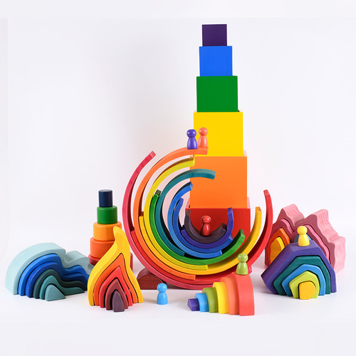 Wooden educational solid wood 12-piece arched rainbow bridge building blocks children's Jenga early childhood education parent-child interactive toys