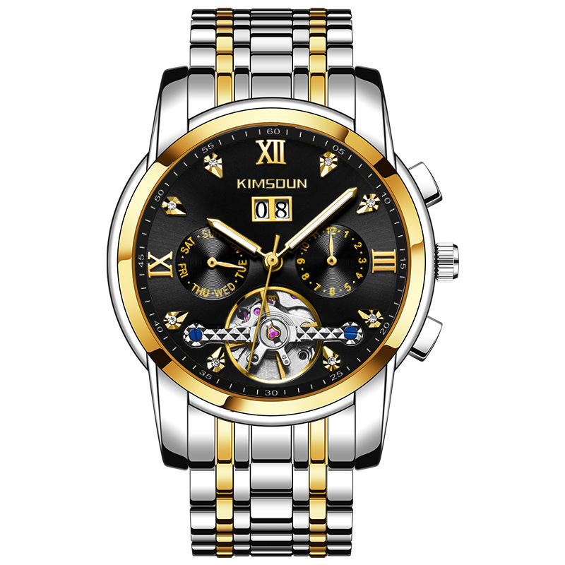 Kimsdun hombres correa de acero reloj mecánico automático calendario hueco volante impermeable reloj de pulsera mecánico K-1895A