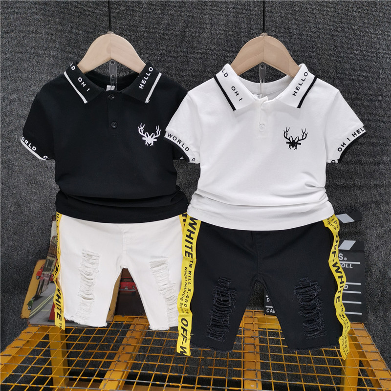 Boys' Korean Short Sleeve Suit Summer New Cool Polo Shirt And Shorts Two Piece Fashion