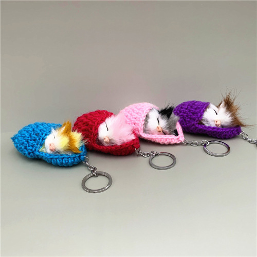 Cute sleeping cat key chain slippers cat plush bag pendant car key chain simulated animal small gift