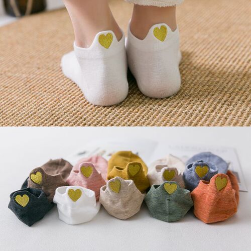 New spring and summer socks for women, Japanese candy-colored socks with embroidered love hearts on the heels, cotton women's trendy boat socks