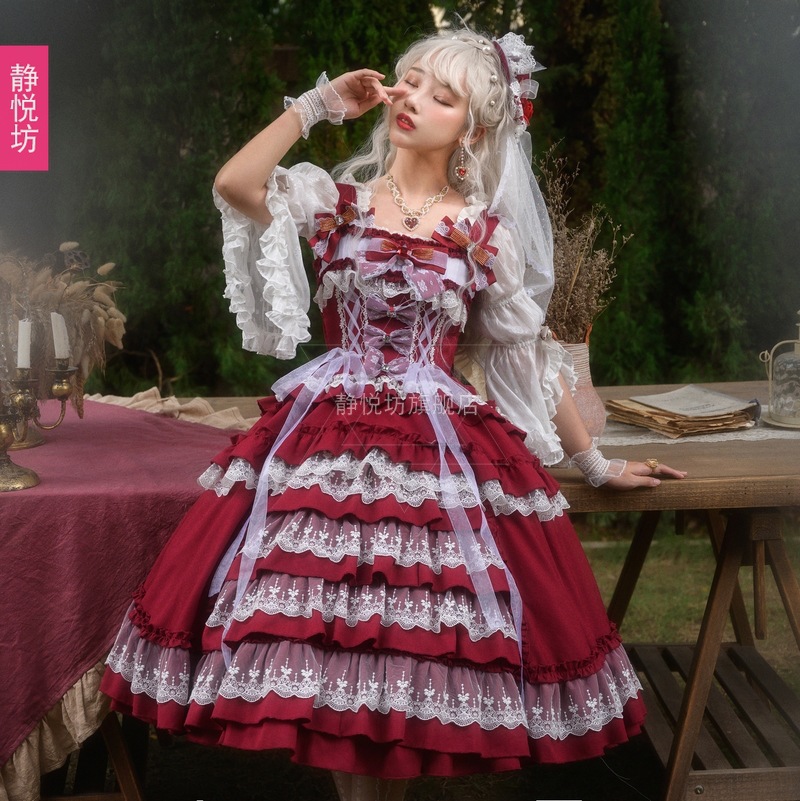 原创lolita宫廷风连衣裙萝莉洋装欧式古典JSK公主蕾丝长裙新年红