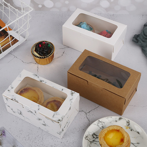 Marbled 2-piece cup cake packaging box, window-opening transparent egg tart box, muffin cup box, baked pastries