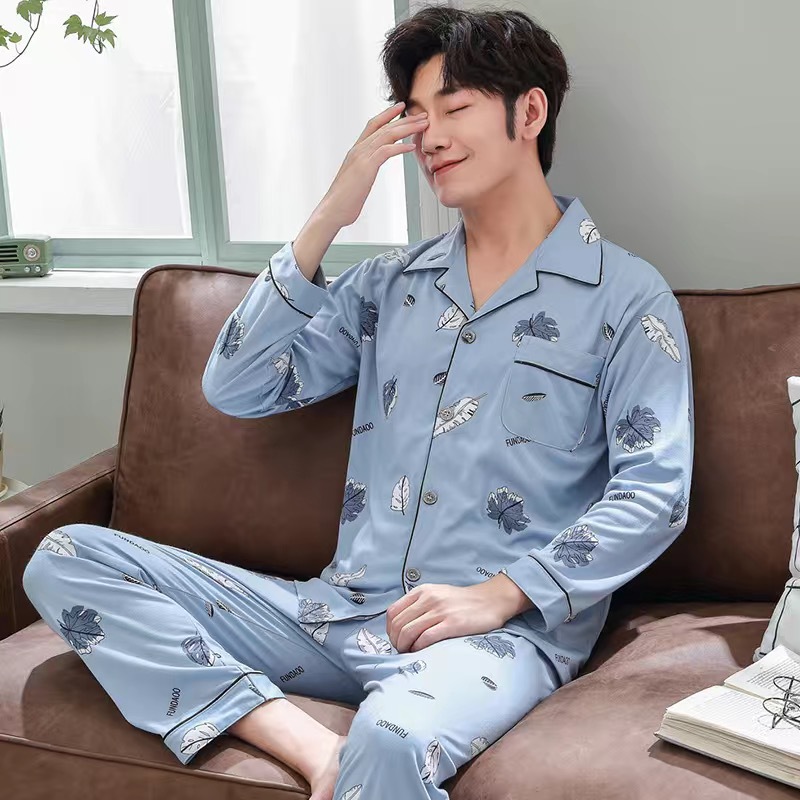 Primavera y otoño pijamas de los hombres de invierno 100% algodón de manga larga juventud simple suelta plaid más tamaño traje de desgaste para el hogar