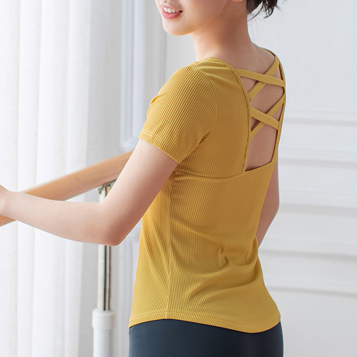 New Slimming Skin-Friendly Yoga Wear High Elastic Fitness Wear Slimming Running Training Ribbed Short-Sleeved T-Shirt 