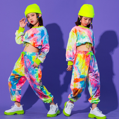 Girls colourful hip hop dance costumes street dance  show outfits children stage performance  jazz dance jacket and pants