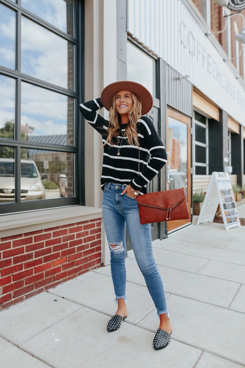 solid color striped round neck sweater NSLK10908