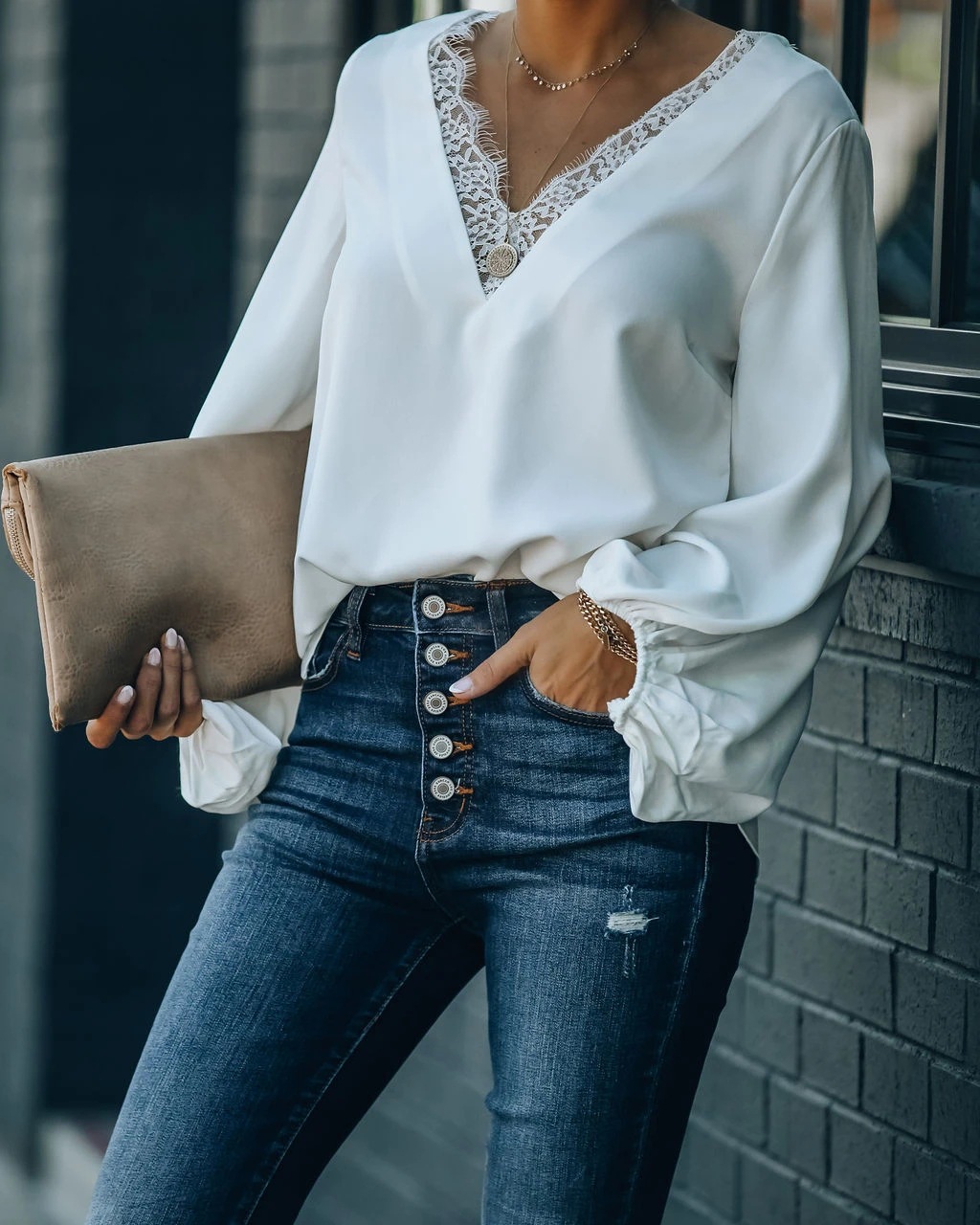 solid color V-neck lace stitching long-sleeved blouse NSYD9386