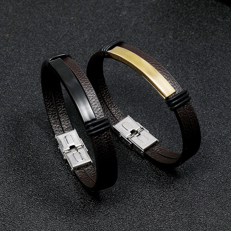 Simple Smooth Stainless Steel Men's Leather Bracelet display picture 14