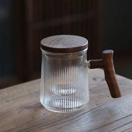 木把三件式泡茶杯办公透明玻璃杯锤纹加厚耐热红茶杯家用绿茶茶具