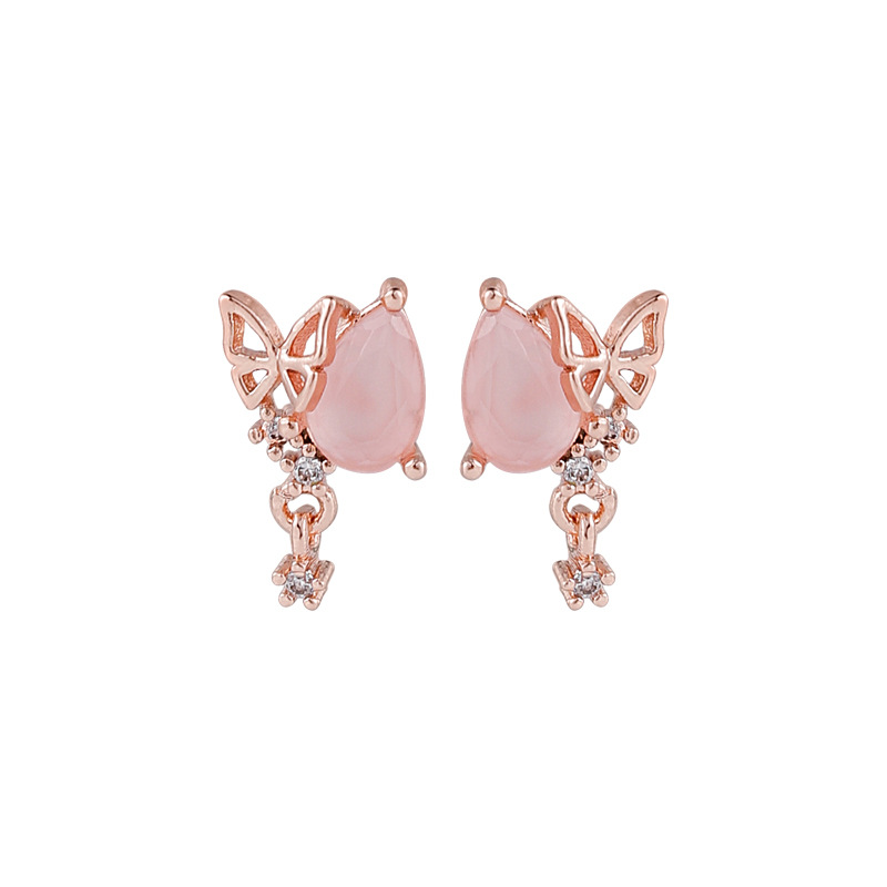 Sweet And Simple Pink Jade Micro-set Zircon Butterfly Earrings 925 Silver Needle Earrings Necklace Wholesale Nihaojewelry display picture 3