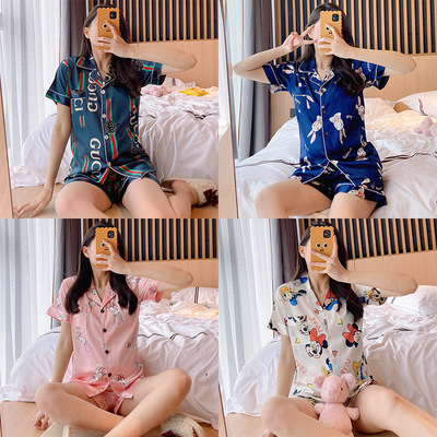 2020夏季新款仿真絲睡衣少女冰絲綢家居服卡通開衫翻領短袖女套裝